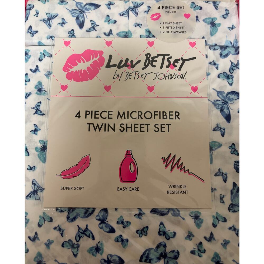 Betsey Johnson Butterfly Twin Sheet Set 4 Piece Microfiber Blue White NIP New - Picture 2 of 7